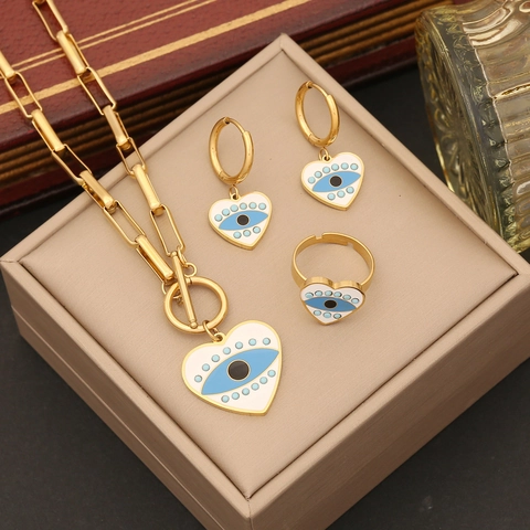 Gioielli Occhio Del Diavolo Cuore In Acciaio Inossidabile Collana Bracciale Orecchini Anello Per Donna Boho Vintage Placcato Oro T-Bar