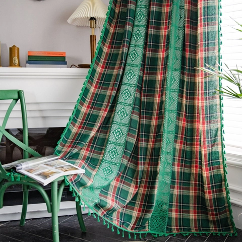 Rideau de Couture en Coton Vintage Américain Avec Gland en Dentelle au Crochet Rideau de Café de Cuisine à Carreaux Verts pour Noël