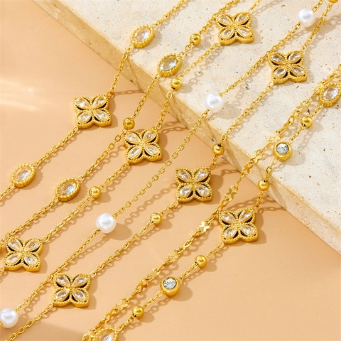 Double Layer Stainless Steel Clover Bracelet For Women Zirconia Artificial Pearl Flower Charm Adjustable Link Chain Jewelry Gift