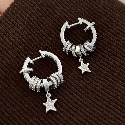 Kupfer Zirkon Stern Anhänger Hoop Ohrringe Mit Stahl Ohrstecker Multi Ring Hängend Für Damen Minimalistisch Mode