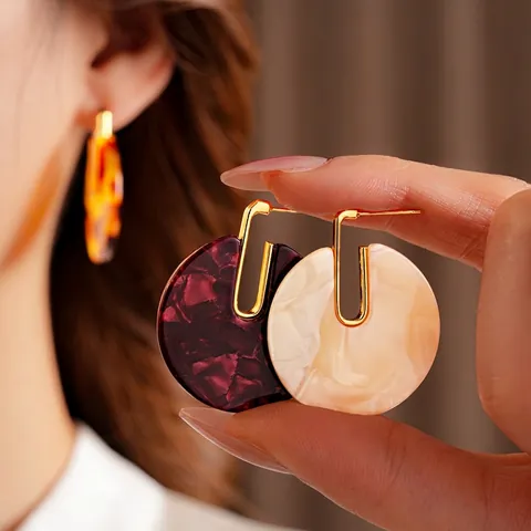 Orecchini Pendenti Rotondi In Acetato Con Perno In Argento Placcato Oro Texture Marmo Per Donna