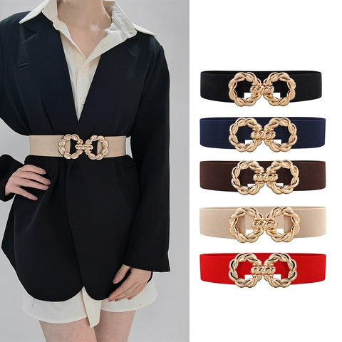 Women Fashion Elastic Wide Waist Belt For Dresses Coats Stretch Cinch Belt With Interlocking Twisted Metal Buckle Accessory