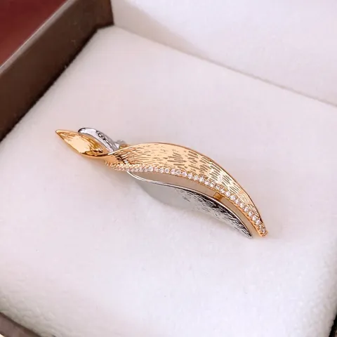 Blad Broche Koper Tweekleurig Goud Zilver Geborsteld Metaal Zirkoon Frans Elegant Luxe Corsage Voor Dames