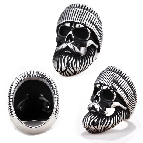 Retro Stainless Steel Bearded Skull Ring For Men Biker Punk Gothic Mustache Ghost Head Jewelry Beanie Hat Design