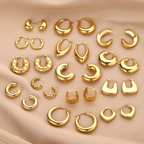 Roestvrijstalen Geometrische Hoop Oorbellen 18K Verguld Dikke C-Vorm Hart Gedraaid Retro Mode Sieraden Voor Dames