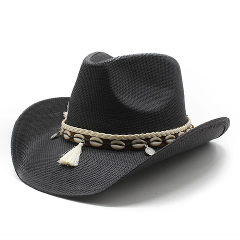 Western Cowboy Straw Hat Wide Brim Paper Straw Sun Protection Ethnic Bohemian Shell Tassel Beach Holiday For Women Men