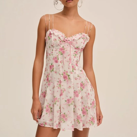 Floral Print Camisole Mini Kleid Polyester Rückenfrei Rüschen Süß Sommer Für Damen