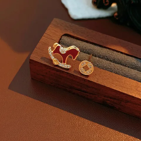Asymmetric Rocking Horse And Copper Coin Stud Earrings With Silver Earring Post Zircon Enamel For Women