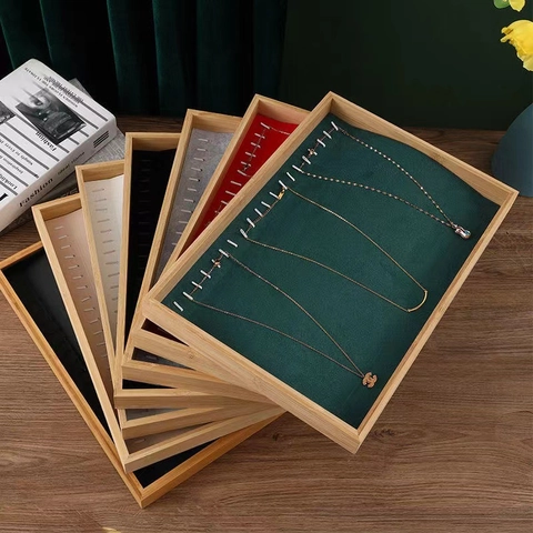 Necklace Display Tray Bamboo Wood Velvet Lining Jewelry Organizer Storage For Pendants Bracelets Exhibition Showpiece