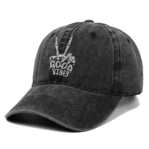 Washed Cotton Baseball Cap Skeleton Hand Embroidery Good Vibes Vintage Adjustable Sun Hat For Outdoor Retro Streetwear