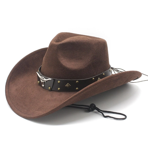 Western Cowboy Hat Suede Texture Bull Head Metal Decor Wide Brim Sun Protection Adjustable Wind Rope Retro Style Unisex
