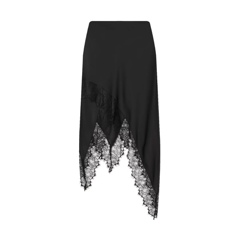 Falda Midi Negra Con Parches De Encaje Dobladillo Irregular Acabado Satinado Streetwear Sexy Elegante Mujeres