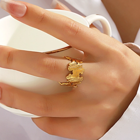 Anillo De Hoja De Acero Inoxidable Ajustable Joyería Moda Mujer Diseño Hoja Ginkgo Palma Estilo Natural