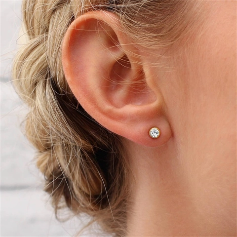 Stainless Steel Birthstone Stud Earrings For Women 12 Month Colorful Rhinestone Round Bezel Set Earrings Gold Plated Jewelry Gift