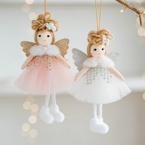 Christmas Angel Girl Plush Hanging Ornament Mesh Tulle Sequin Wings Faux Fur Collar Yarn Hair Decorative Doll For Home Tree