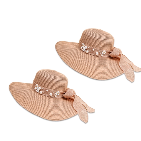 Women Wide Brim Straw Sun Hat Paper Weave Flower Ribbon Bow Artificial Pearl Decoration Summer Beach Vacation Elegant Flat Top