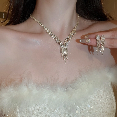 Tassel Necklace And Earrings Jewelry Zircon Rhinestone V-Shape Copper Gold Plated Elegant Banquet Evening Party For Women