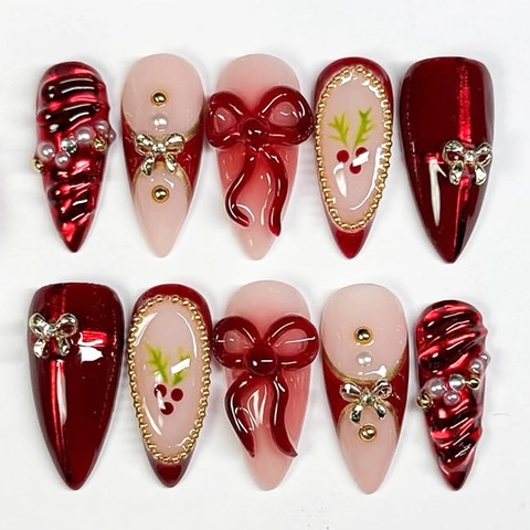 Uñas Postizas A Presión Ojo De Gato Rojas Con Lazo 3D Corazón Mariposa Pedrería Perlas Artificiales Decoraciones Hechas A Mano