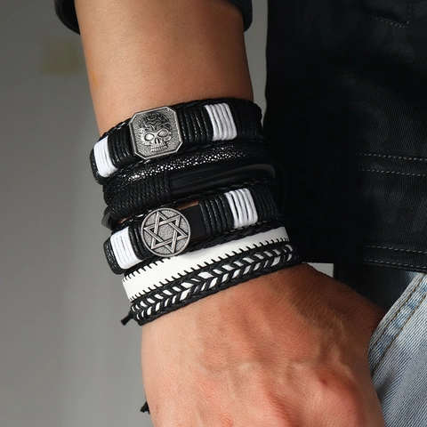 Bracelet Homme Multicouche Cuir Tressé Alliage Crâne Hexagramme Ajustable Bijoux Accessoire Style Punk Unisexe