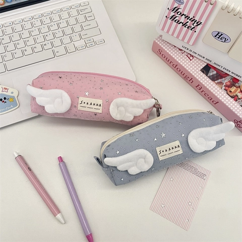 Trousse À Crayons Ailes D'Ange Mignonne Polyester Grande Capacité Imprimé Étoiles Argentées Fermeture Éclair Pochette Papeterie Esthétique Pour Étudiants