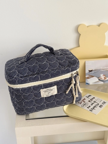 Trousse De Toilette En Coton Matelassé À Carreaux Motif Cœur Sac Cosmétique De Voyage Portable Style Coréen