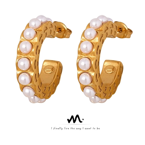Orecchini a Cerchio a Forma di C in Acciaio al Titanio con Perle Artificiali per Donna Minimalisti Vintage Oro Argento