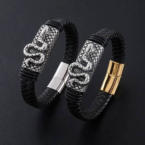 Pulsera De Cuero Trenzado Para Hombre Con Patrón De Serpiente De Acero Inoxidable 304 Cierre Magnético Joyería Hip Hop Punk