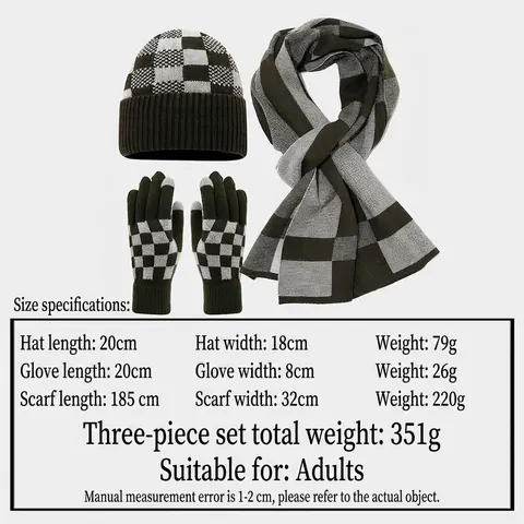 Winter Beanie Mütze Schal Und Handschuhe Set Strick Acryl Schachbrett Karo Muster Touchscreen Finger Damen Herren Outdoor