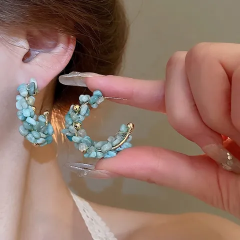Aquamarine Crushed Stone C Shape Hoop Earrings With 925 Sterling Silver Earring Post Handmade Wire Wrapped Vacation Style