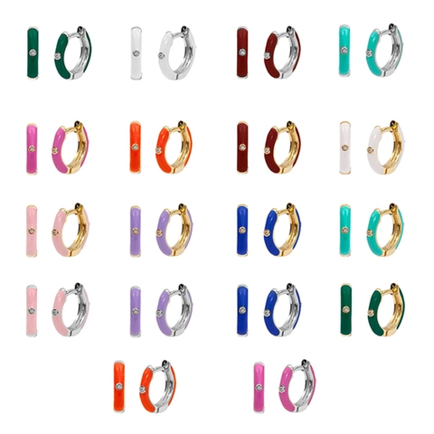 Fashion Geometric Round Hoop Earrings Copper Enamel Colorful Huggie Earrings With Rhinestone For Women Daily Jewelry
