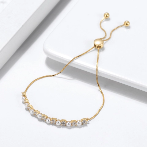 925 Sterling Silver Freshwater Pearl Bracelet For Women Elegant Gold Plated Zirconia Adjustable Chain Bracelet Jewelry