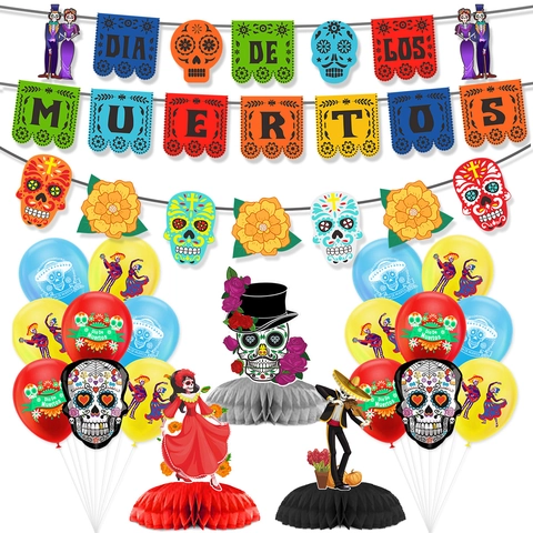 Decorazioni Festa Giorno Dei Morti Messicano Dia De Muertos Banner Carta Palloncini Lattice Centrotavola Nido Ape Topper Torta Teschio