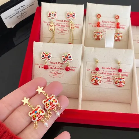 Löwentanz Hängeohrringe Rot Emaille Quaste Chinesischer Stil Schmuck Mit Silbernem Ohrstecker Für Damen Festlich