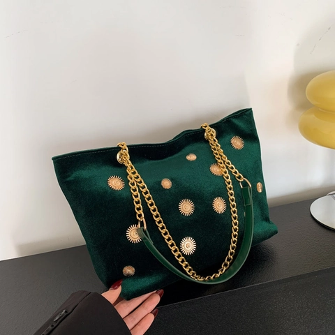 Women Vintage Velvet Tote Bag Golden Chain Shoulder Bag Large Capacity Sun Flower Rivet Elegant Handbag Fashion Purse