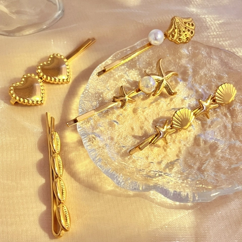 Pinzas Para El Cabello De Acero Inoxidable Oro Estrella De Mar Concha Corazón Perla Artificial Tema Océano Elegantes Horquillas Dulces Para Mujeres