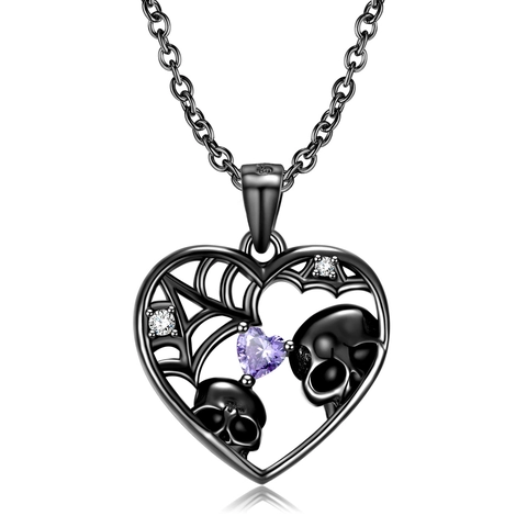 Collana Cuore Teschio Gotico in Argento Sterling 925 Ciondolo Ragnatela Strass Viola Gioielli Punk Halloween per Uomo Donna
