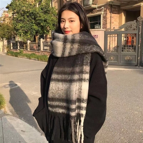 Women Winter Thickened Plaid Tassel Scarf Soft Imitation Cashmere Long Shawl Korean Style Versatile Warm Winter Wrap