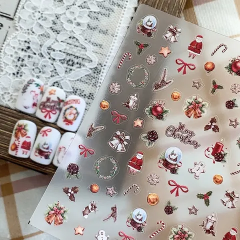 Stickers Ongles Noël Ultra Minces Relief Embossé Père Noël Bonhomme De Neige Renne Manucure DIY Vintage Décalcomanies Festives
