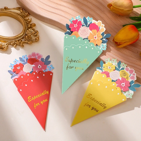 Pop Up Flower Bouquet Greeting Card Decorative Special Paper Gold Stamping Floral Gift For Birthday Wedding Graduation
