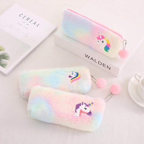 Plush Pencil Case Rainbow Gradient Unicorn Stationery Bag With Pom Pom Zipper Pull For Students