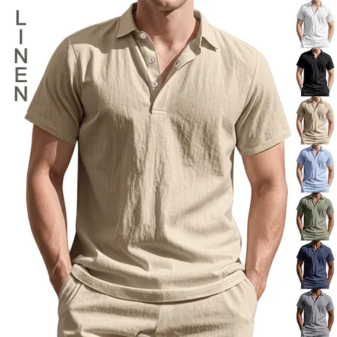 Polo Para Hombre Mezcla De Lino Manga Corta Transpirable Casual Estilo Británico Corte Holgado Abotonado Ligero