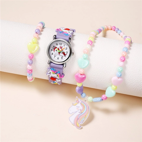 Gioielli Unicorno Viola Per Bambini Lega Silicone Orologio Al Quarzo Collana Di Perline Bracciale Accessori Ragazze