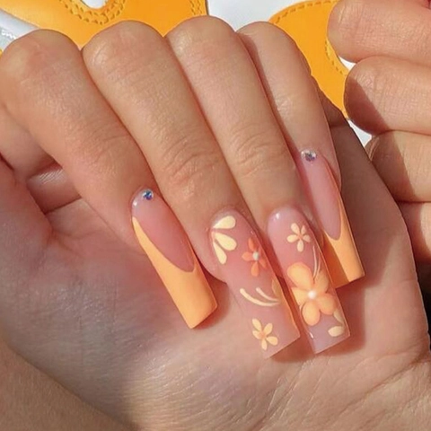 Lange Sarg Nägel Zum Aufdrücken Orange Französisch Blume Strass Künstliche Nägel Glänzend Maniküre Für Damen