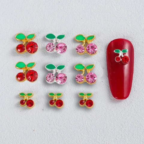 Dijes Brillantes De Cereza Para Uñas Aleación Metal Con Diamantes De Imitación Rojos Rosas Decoraciones Frutas 3D DIY