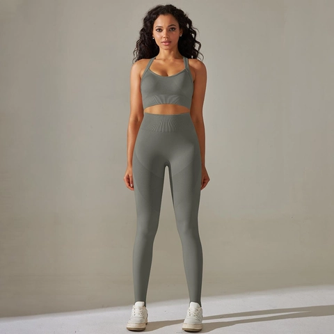 Damen Nahtloser Strick Yoga Kleidung Top And Bottom Überkreuzter Sport-Bh Hohe Taille Leggings Fitness Fitnessstudio Laufen Workout Set
