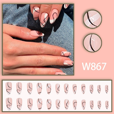 Unghie Finte Press On Mandorla Linee Ondulate Nero Bianco Motivo Astratto Rosa Nude