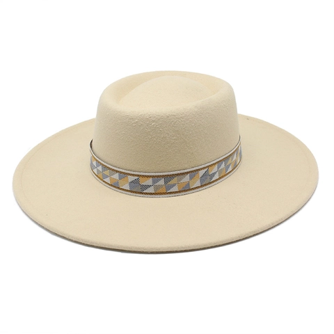Vintage Wollfilz Fedora Hut Mit Eingedrückter Krone Breiter Krempe Geometrischem Band Bohemian Stil Für Damen Herren