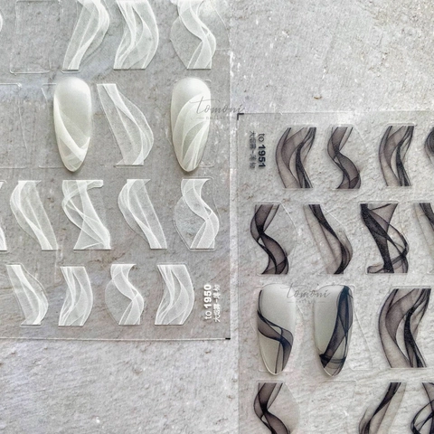 Autocollants Art Des Ongles Ultra Minces Adhésifs Motif De Vagues Fumée Style Japonais Noir Blanc Décoration Manucure