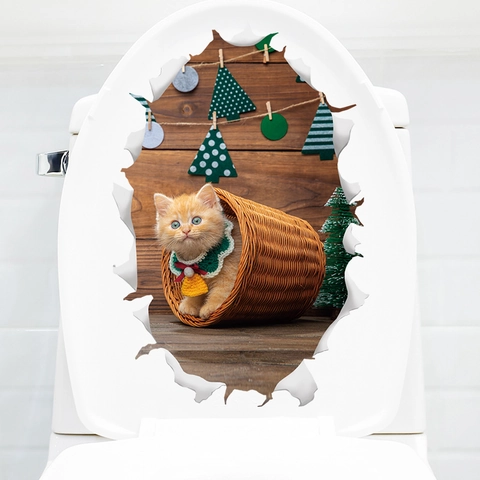 3D Christmas Toilet Lid Sticker Removable PVC Cat In Basket Pattern Broken Wall Effect For Bathroom Festive Decor
