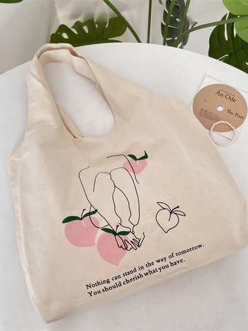 Aesthetic Canvas Tote Bag Minimalist Line Art And Peach Print Large Capacity Reusable Shopping Shoulder Handbag